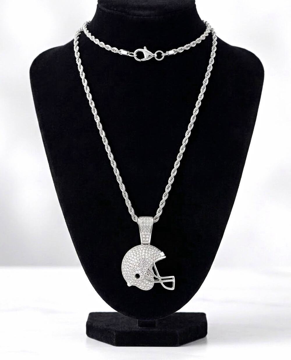 Silver Tone Rope Chain Football Helmet Crystal Pavé Charm Pendant Necklace 24in
